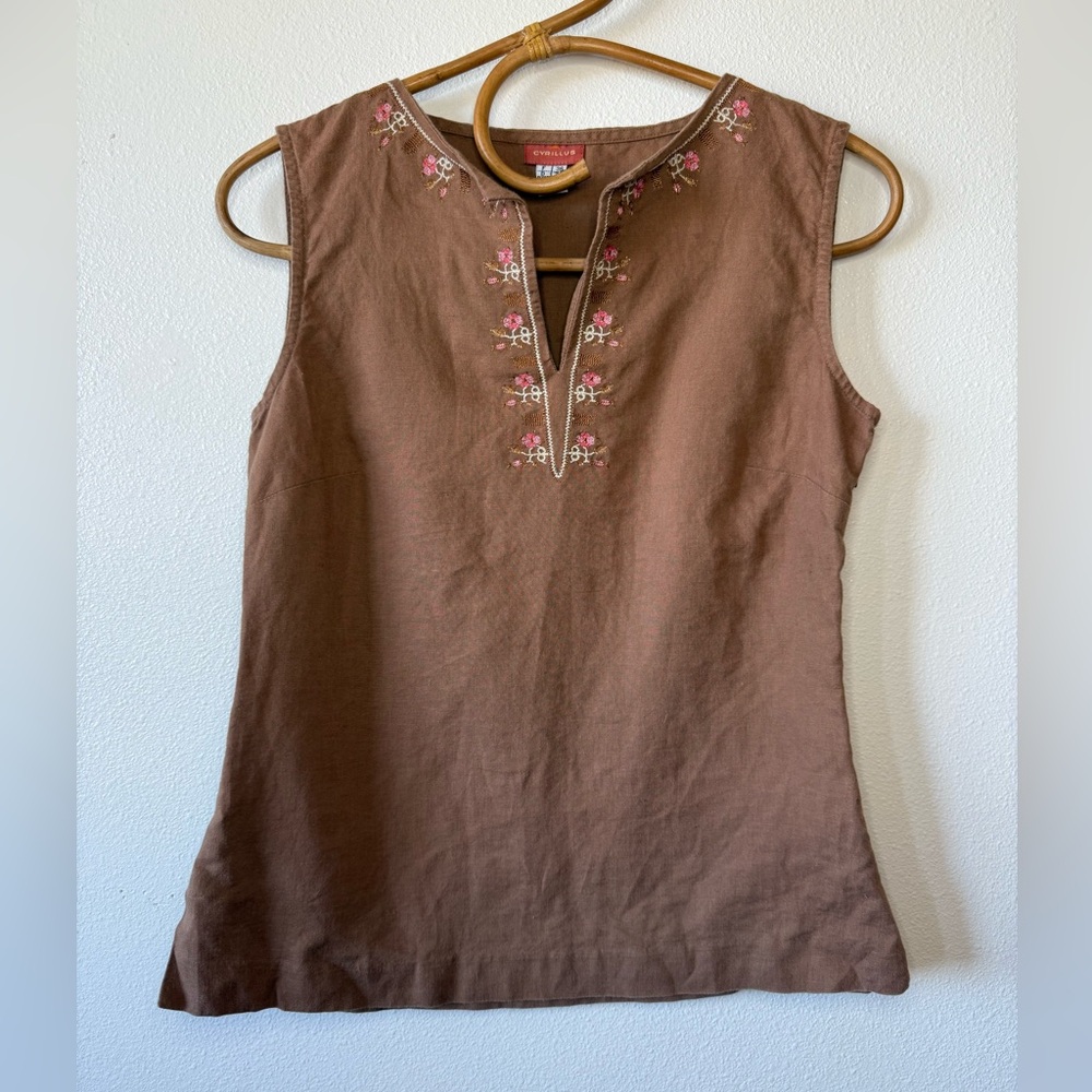 Cyrillus Brown Embroidered Sleeveless Blouse